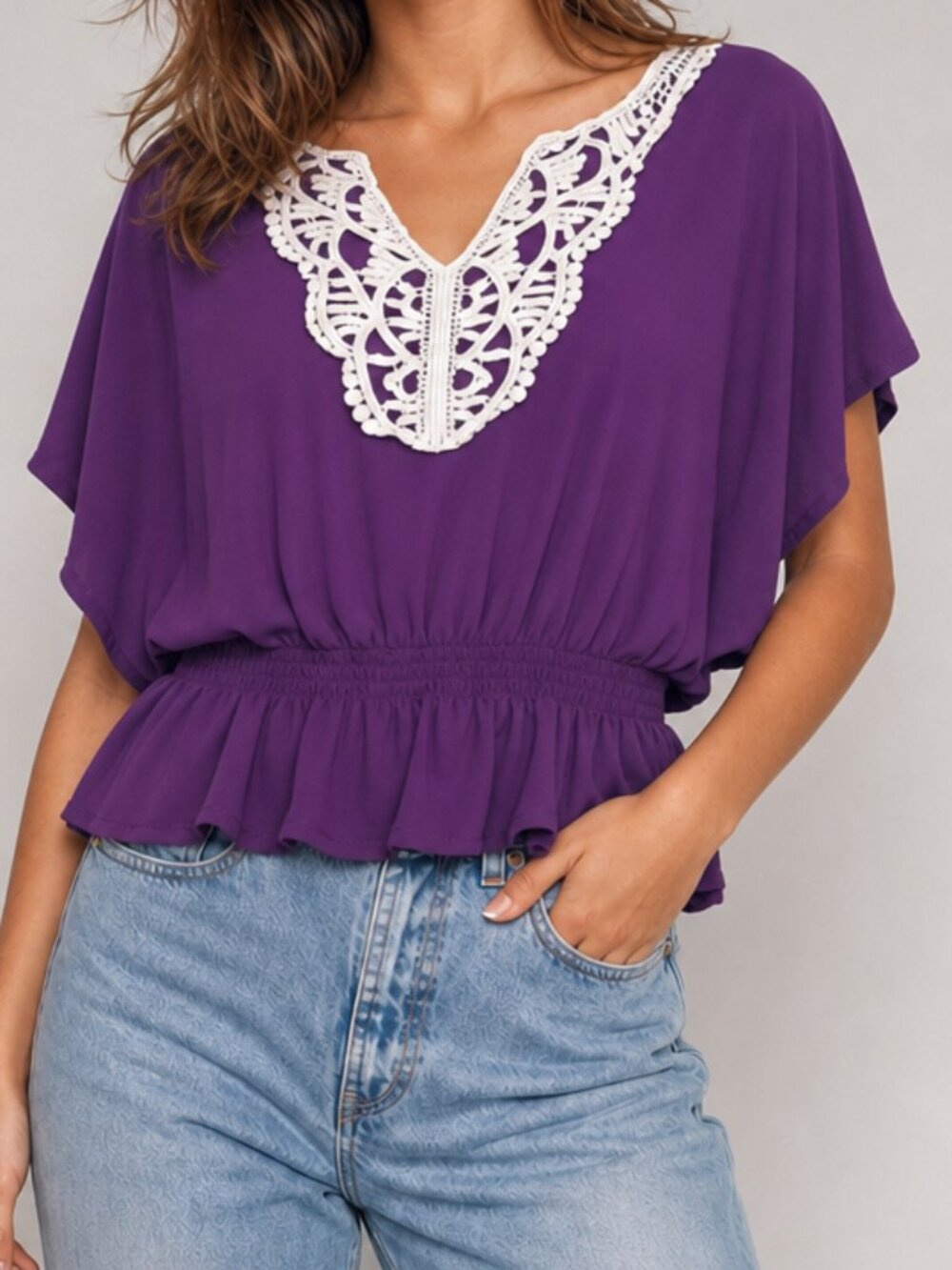 AB Studio Witchy Boho Purple Batwing Crochet Detail Blouse XL